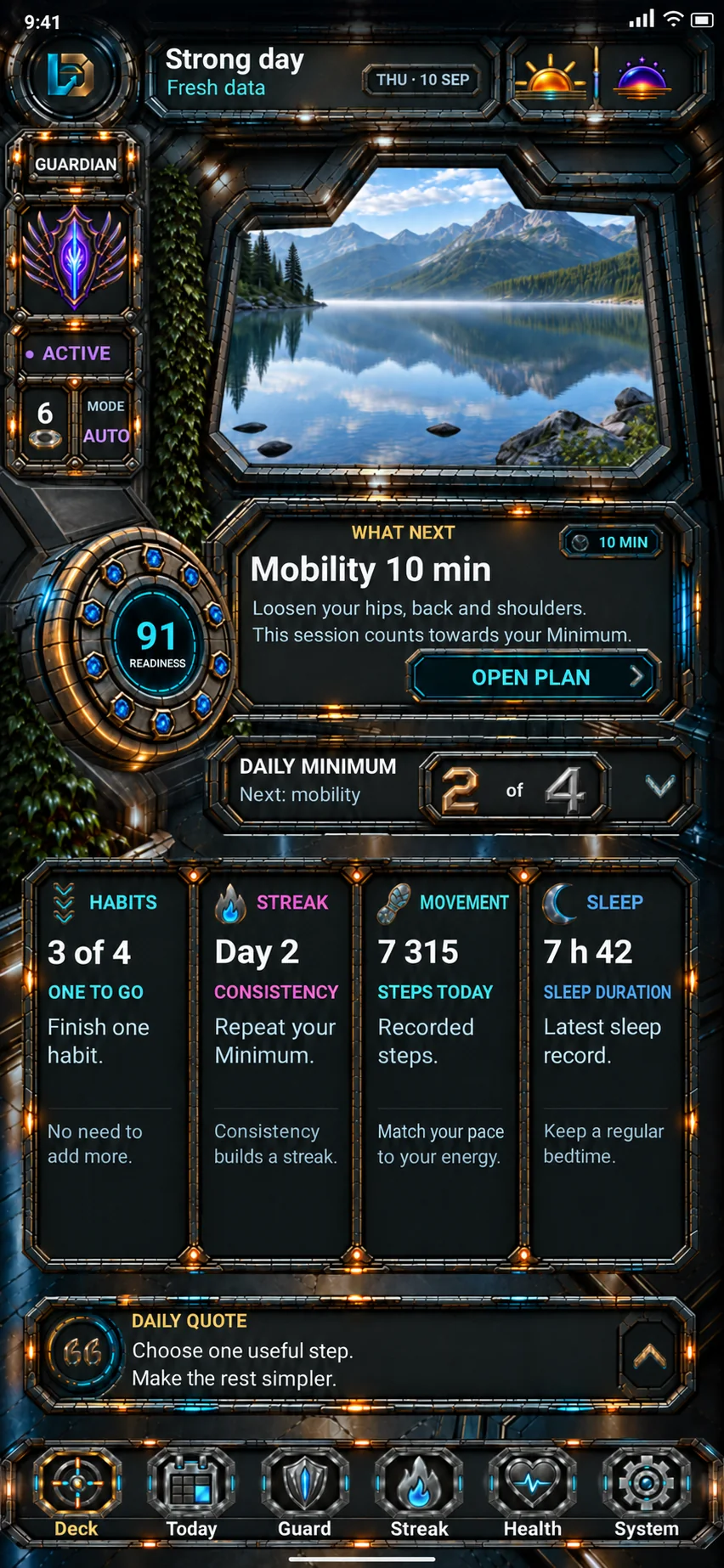 Deck cockpit design with daily context, next action, attention controls and activity navigation. English interface shown.