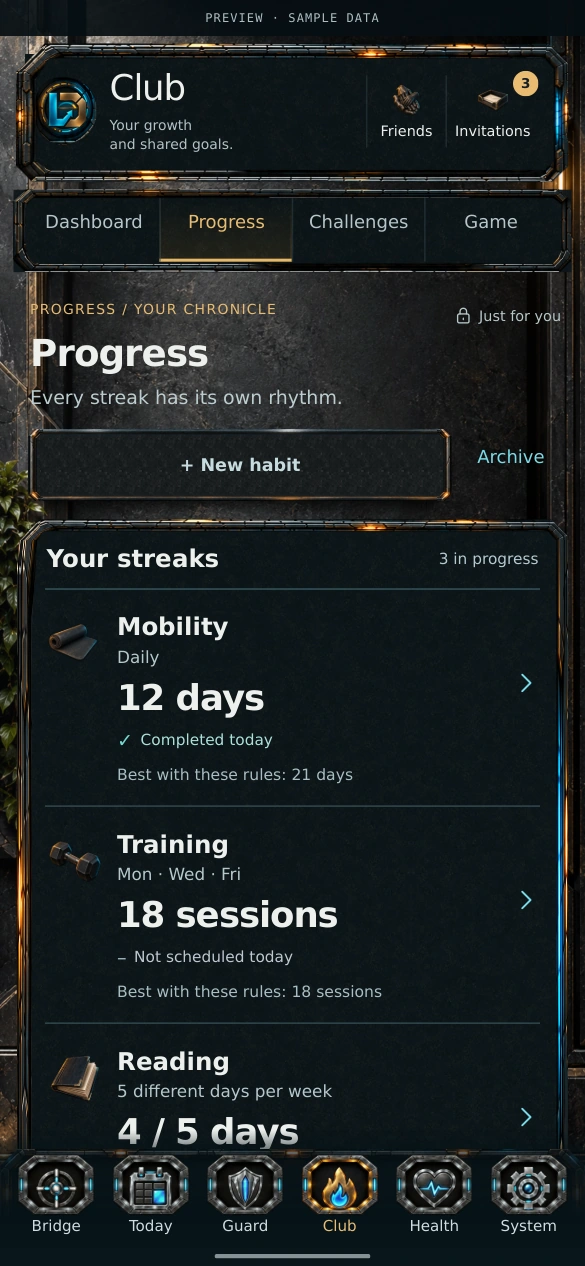 LevelDeck Club design showing personal goals, streaks, medals and the Club navigation tab.