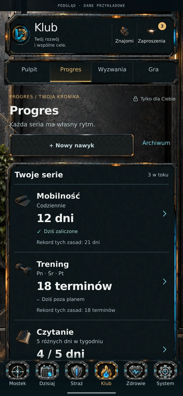 Projekt Klubu LevelDeck: własne cele, serie, medale i dolna nawigacja z zakładką Klub.