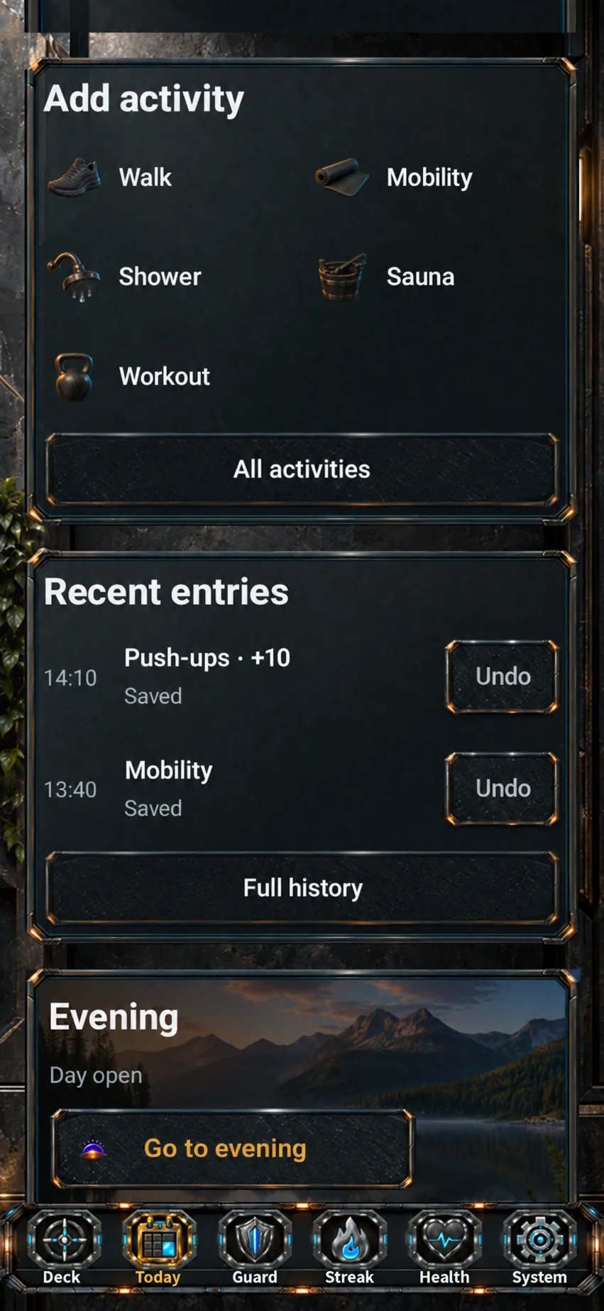 English illustrative localisation of LevelDeck Today, showing Add activity, Recent entries and Evening with example values.