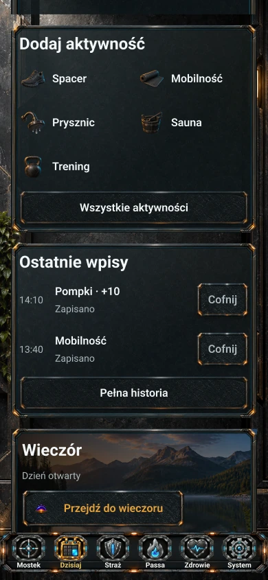 Polska referencja projektu Dzisiaj LevelDeck: Dodaj aktywność, Ostatnie wpisy i Wieczór z przykładowymi wartościami.