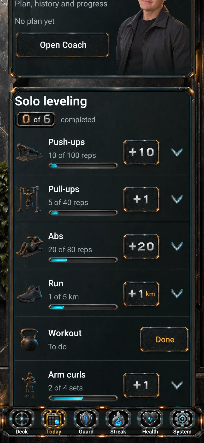 English illustrative localisation of Solo in the LevelDeck Today design, showing exercise quick entries and example values.