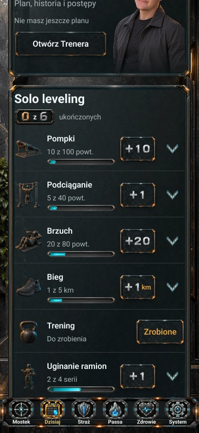 Polska referencja sekcji Solo w projekcie Dzisiaj LevelDeck, z szybkimi wpisami ćwiczeń i przykładowymi wartościami.