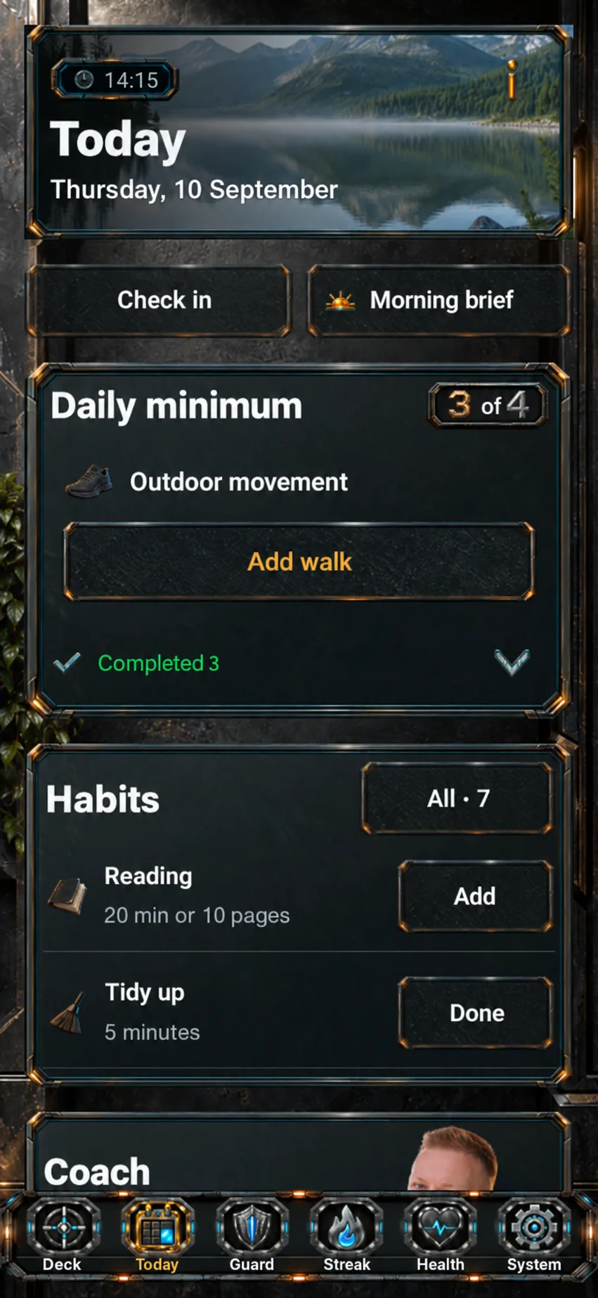 English illustrative localisation of LevelDeck Today, with Daily Minimum and habit actions.