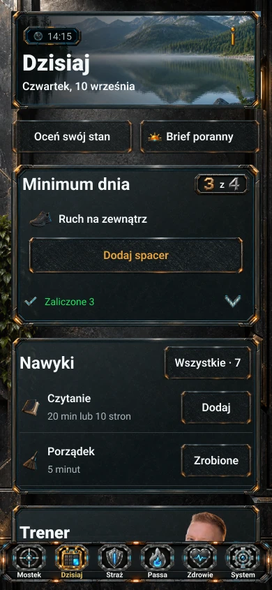 Polska referencja projektu Dzisiaj LevelDeck, z Minimum dnia i działaniami nawyków.